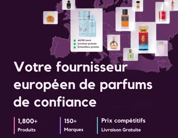 Catalogue d'un grossiste européen incluant des fragrances de luxe et des Parfums de Dubaï.